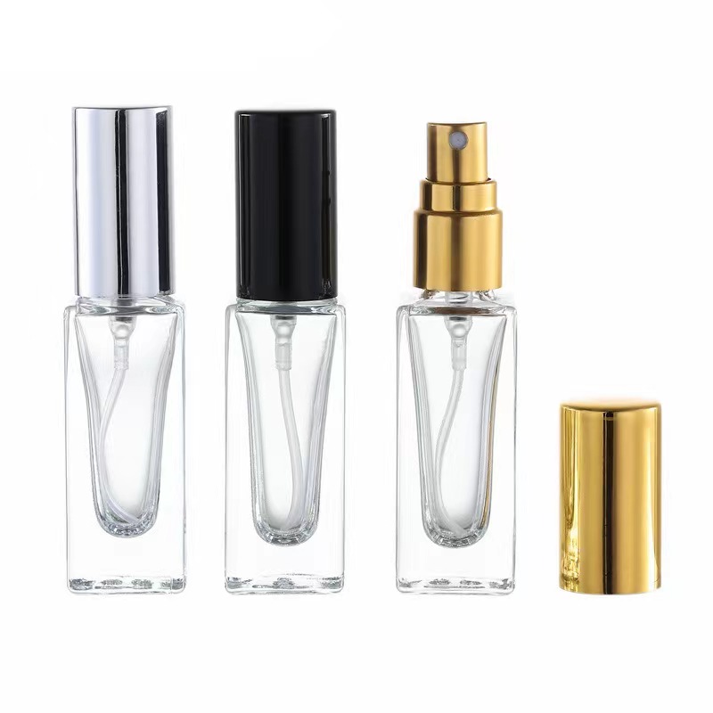 Frasco de perfume de vidro quadrado dourado do pulverizador do tampão 5ml de prata 