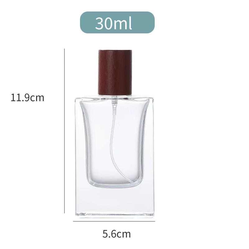 Frasco de vidro do pulverizador de perfume 30ml com tampa de madeira diferente 