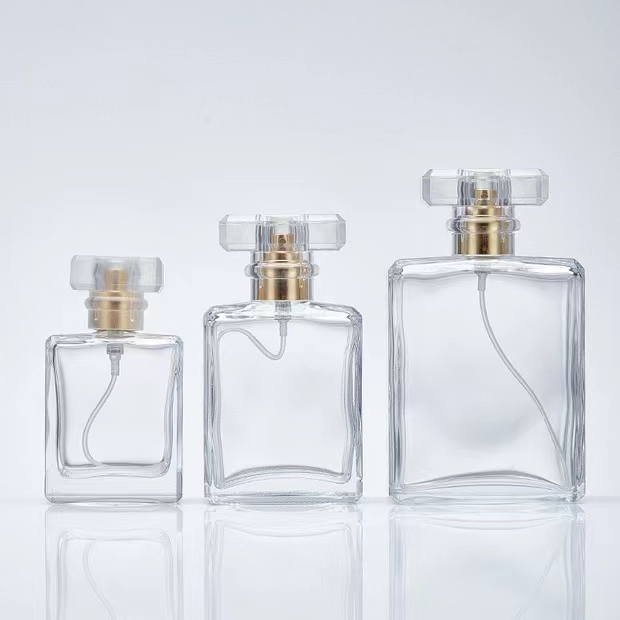 garrafa de perfume de vidro transparente em forma de retângulo 100ml com tampa acrílica 